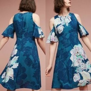 Maeve Elia Cold Shoulder teal midi floral dress Anthropologie